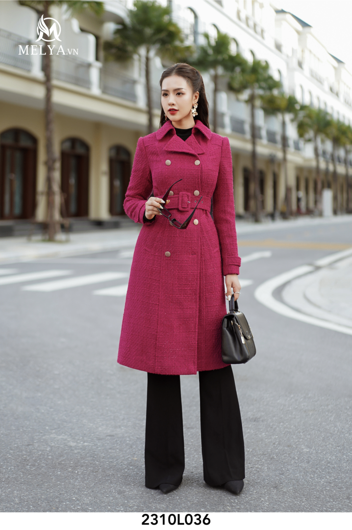 Măng Tô Dạ Tweed Hồng Khuy Vàng - Hồng Sen