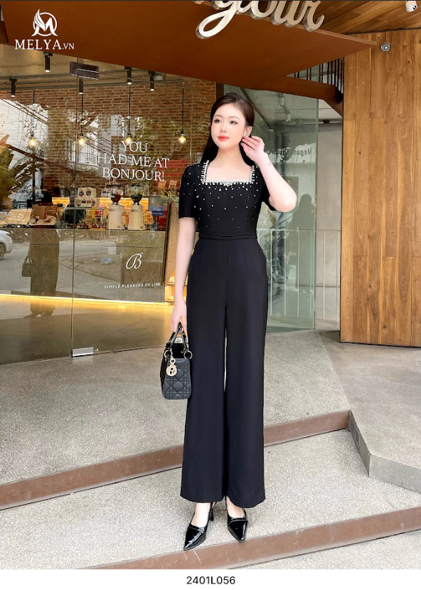 Jumpsuit - Cổ Vuông Tay Phồng Đính Đá Viền Cổ - Đen