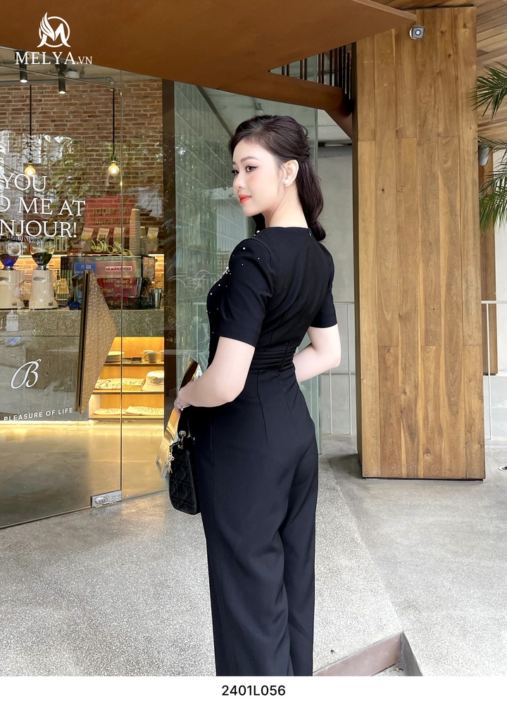 Jumpsuit - Cổ Vuông Tay Phồng Đính Đá Viền Cổ - Đen