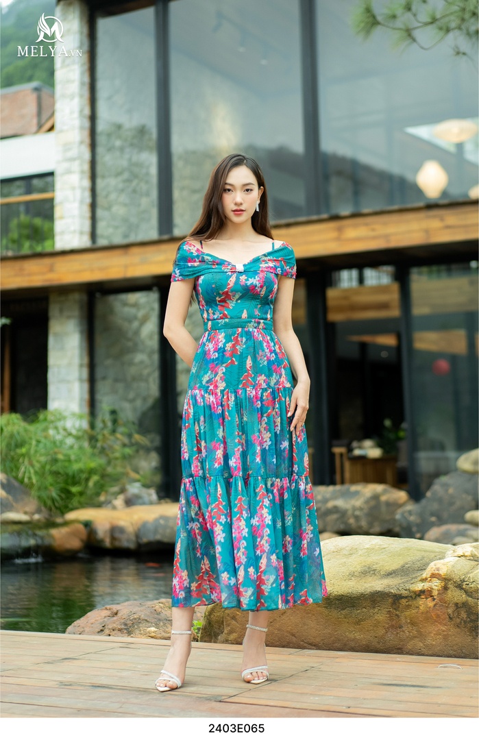 Đầm Maxi - Trễ Vai Hoa In Tropical - Xanh Cổ Vịt