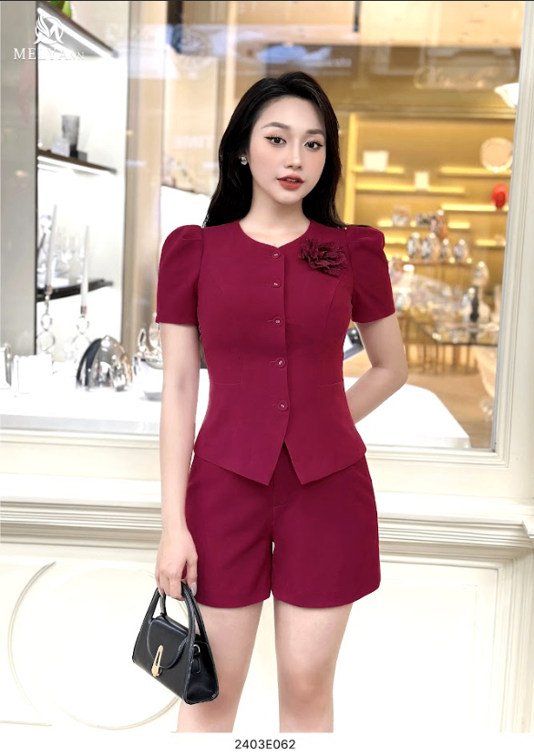 Áo Kiểu + Quần Short - Hồng Cẩm Đính Hoa 3Đ