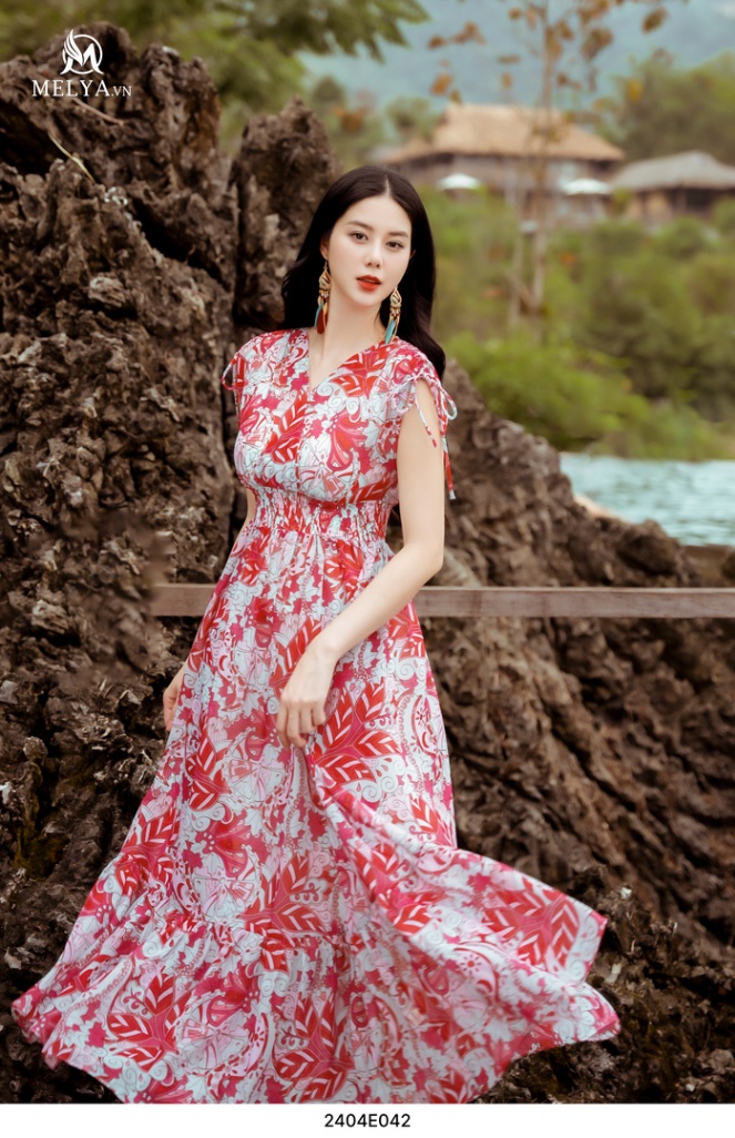 Đầm Maxi - Jeny dress - Hoạ Tiết Hồng Cam