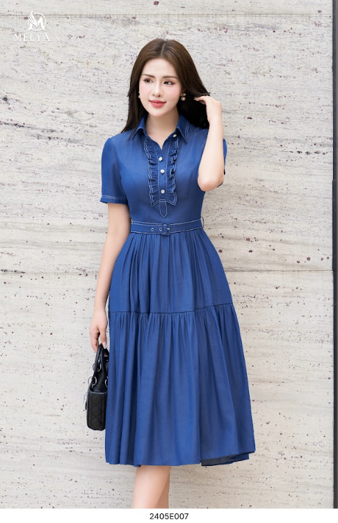 Đầm Xoè - Denim Giấy Cổ Bèo Phối Đai