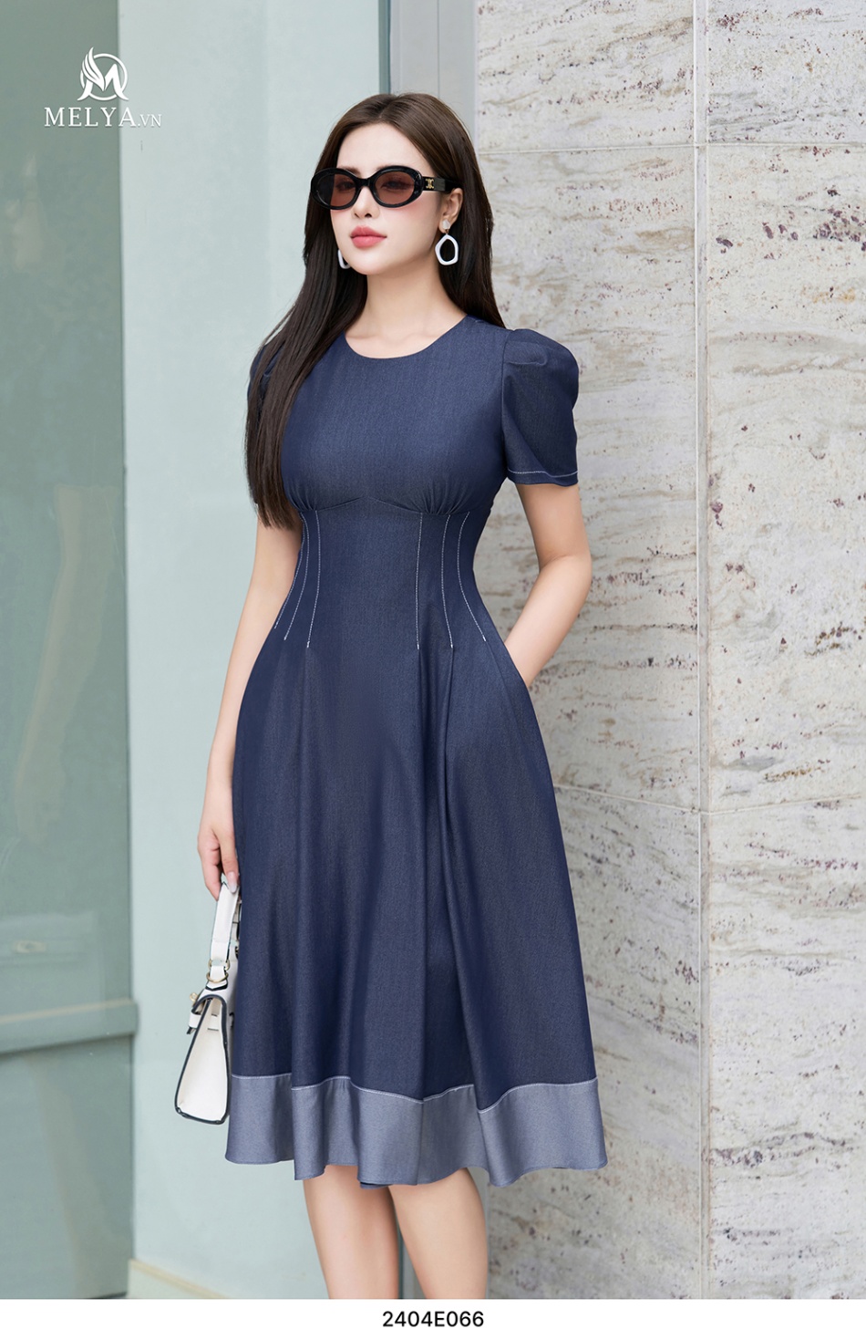 Đầm Xoè - Denim Chun Phối Gấu - Xanh Đậm