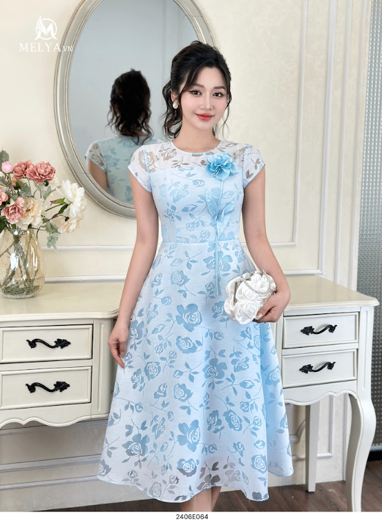 Đầm Xoè - Organza Hoa Lụa 3D - Xanh Thiên Thanh