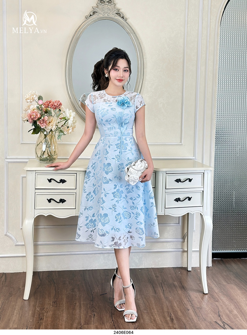 Đầm Xoè - Organza Hoa Lụa 3D - Xanh Thiên Thanh