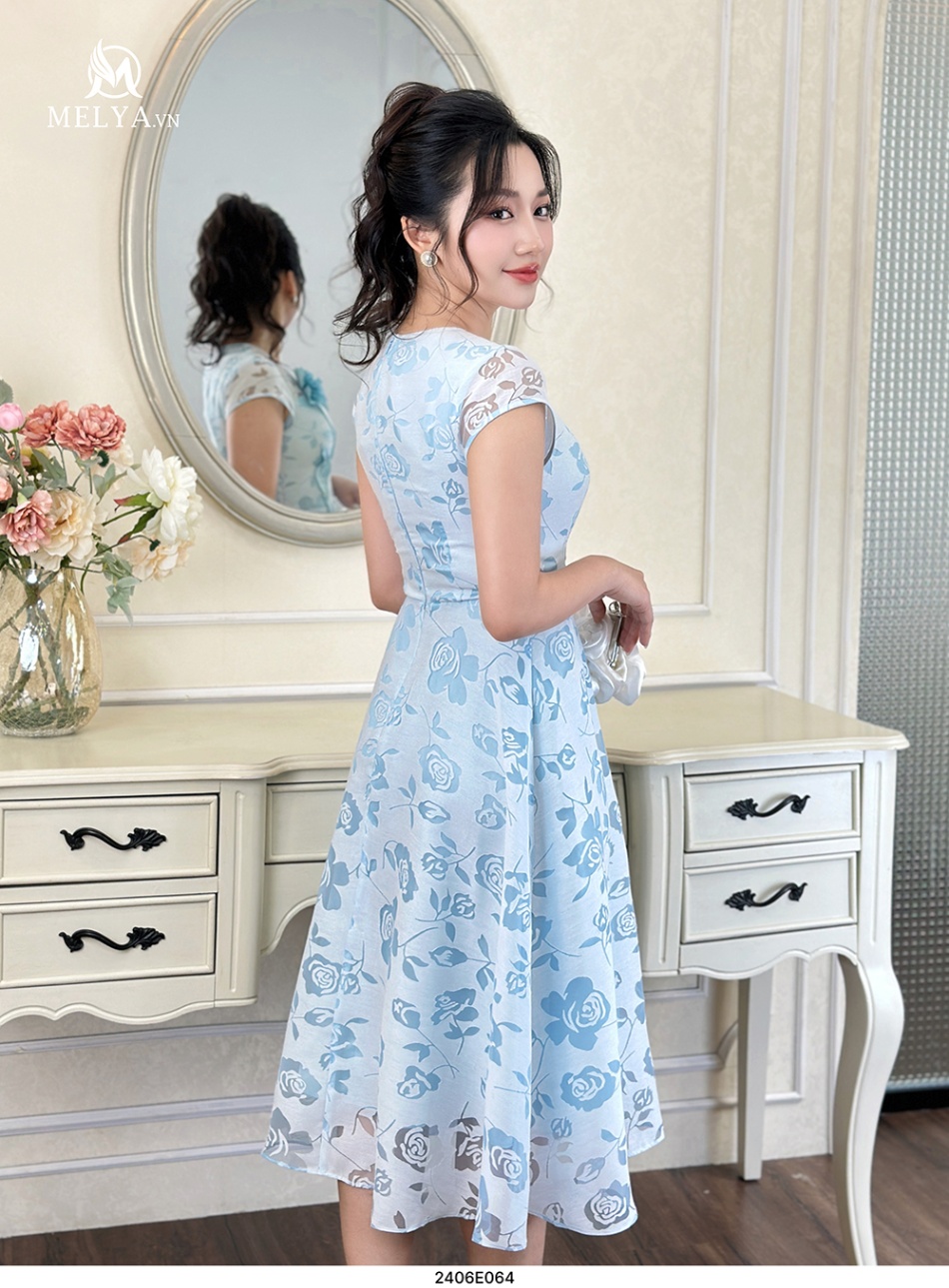 Đầm Xoè - Organza Hoa Lụa 3D - Xanh Thiên Thanh