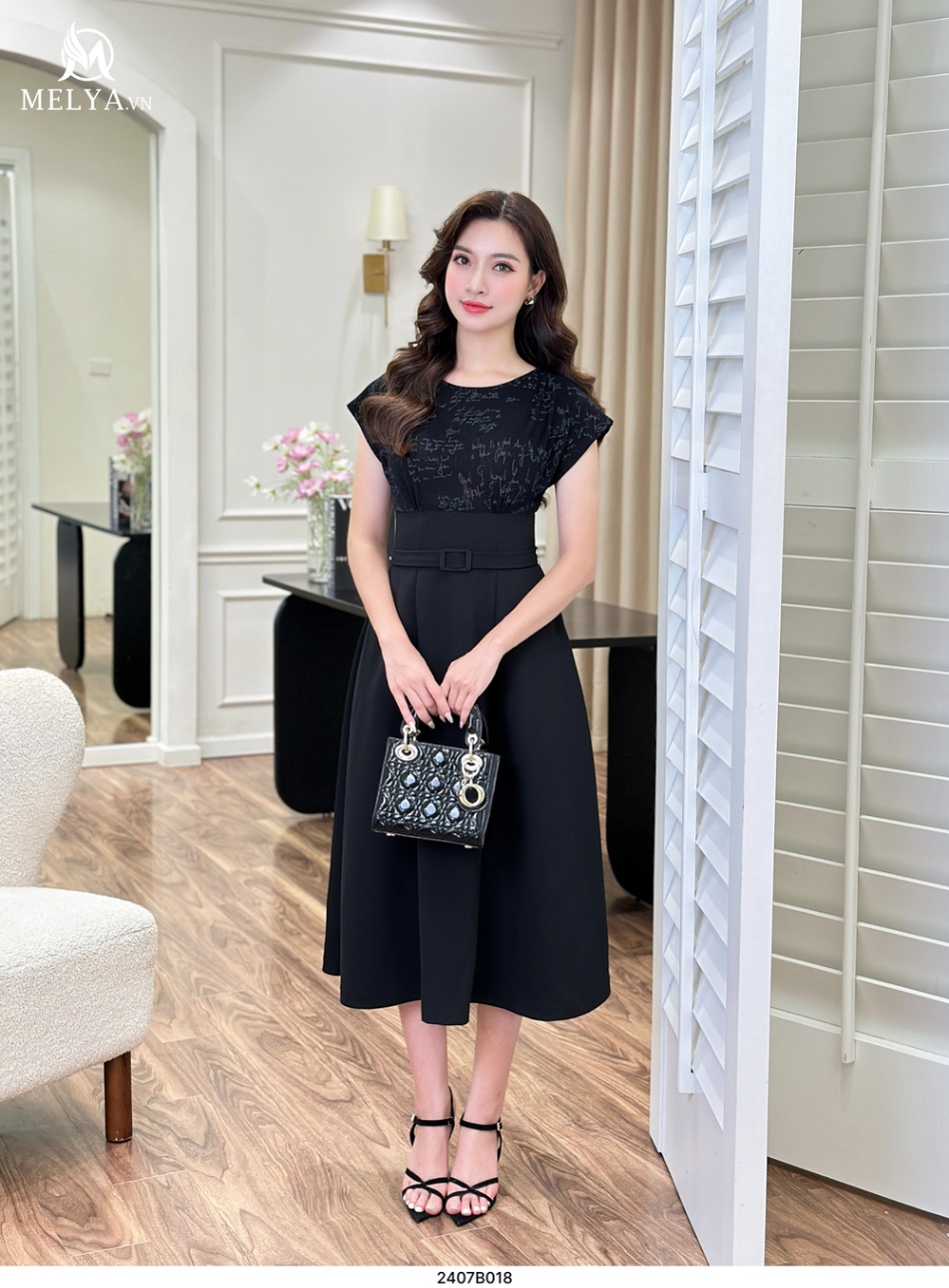 Đầm Xoè - Phối Cotton Chữ - Đen