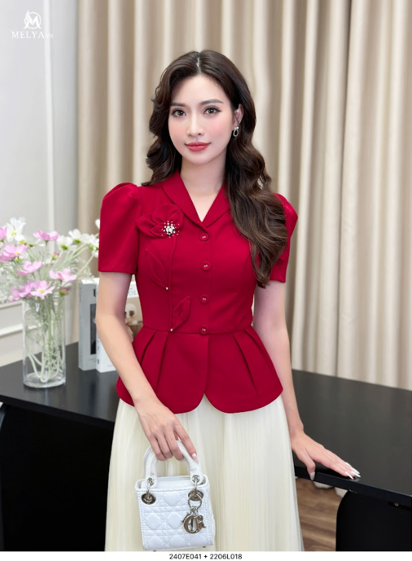 Áo Kiểu - Peplum Hoa 3D - Đỏ Thuần