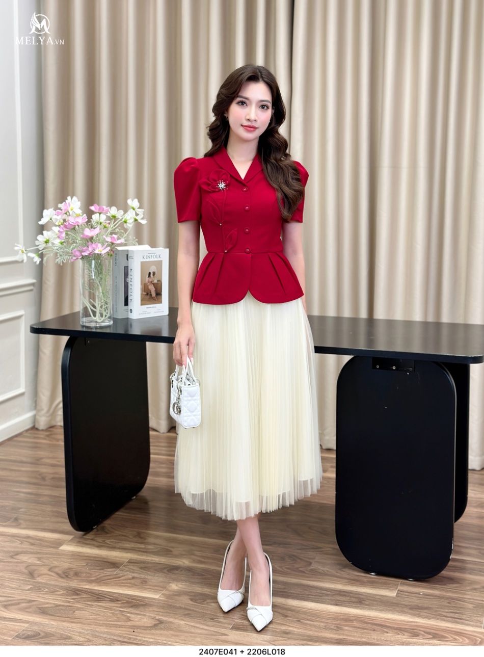 Áo Kiểu - Peplum Hoa 3D - Đỏ Thuần