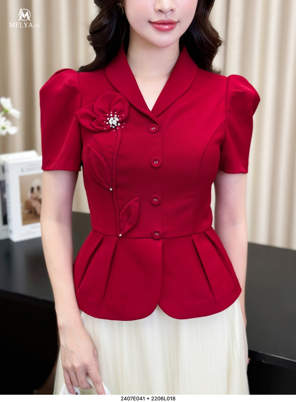 Áo Kiểu - Peplum Hoa 3D - Đỏ Thuần