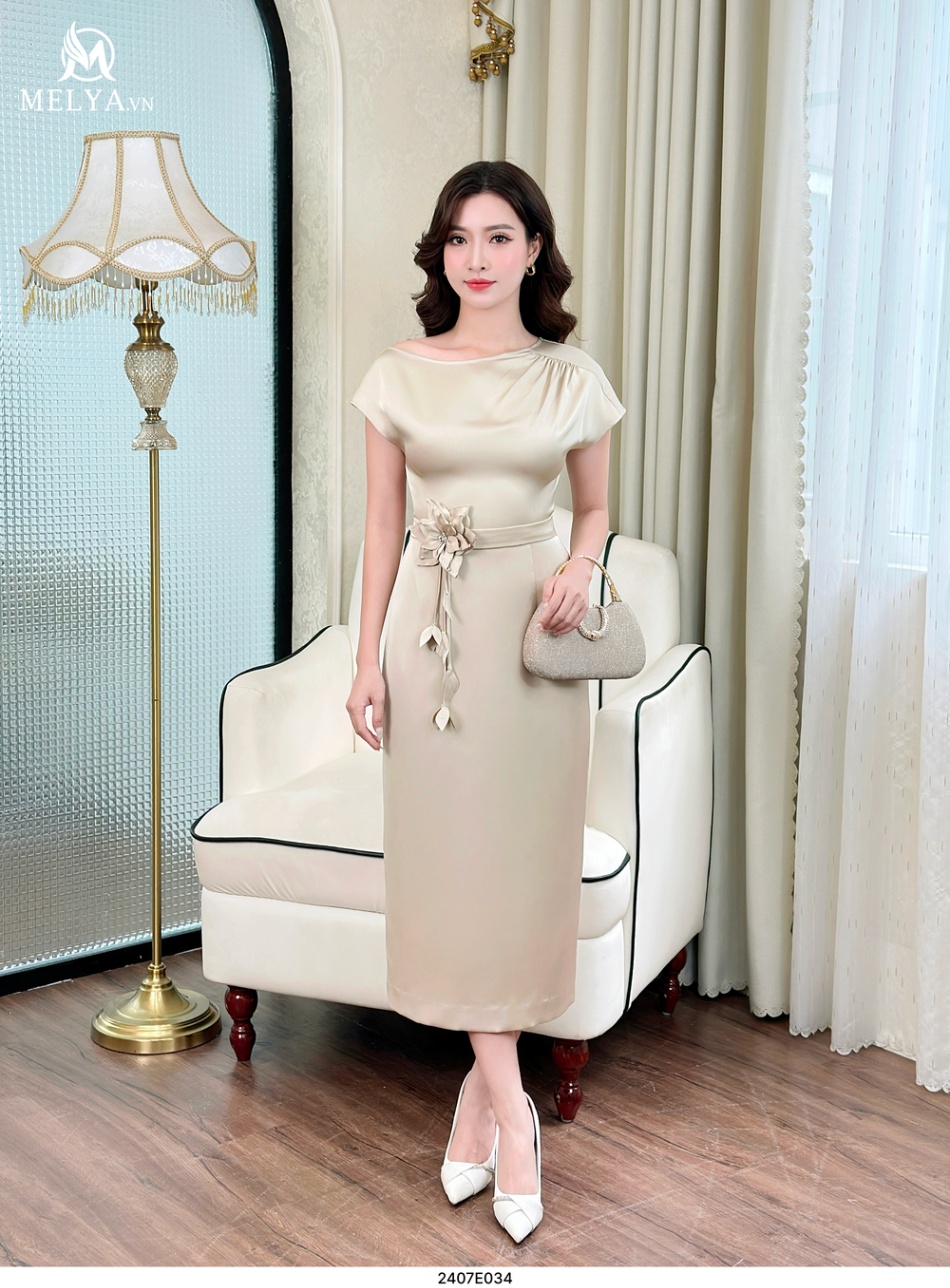 Đầm Ôm - Lụa Queen Lệch Vai Hoa Eo - Be