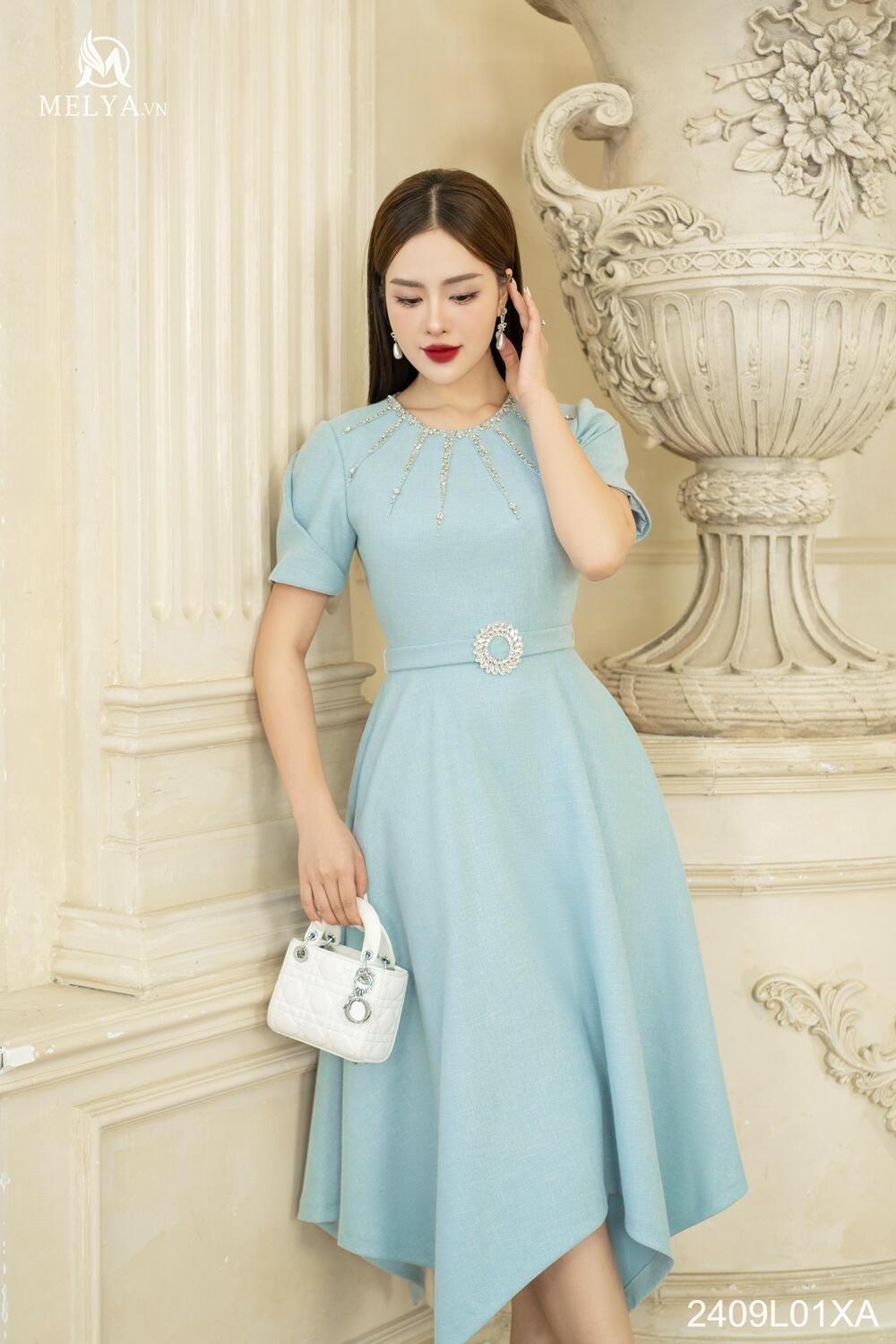 Đầm Xoè - Cổ Xếp Nếp Chân Váy Gấu - Xanh Pastel