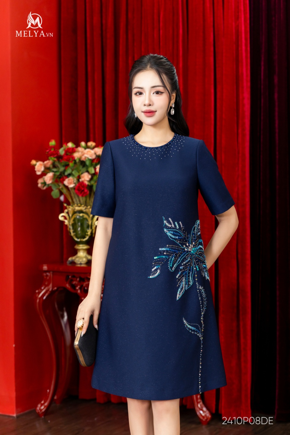 Đầm Suông - Tay Cộc Đính Đá Thủ Công - Xanh Tím Than