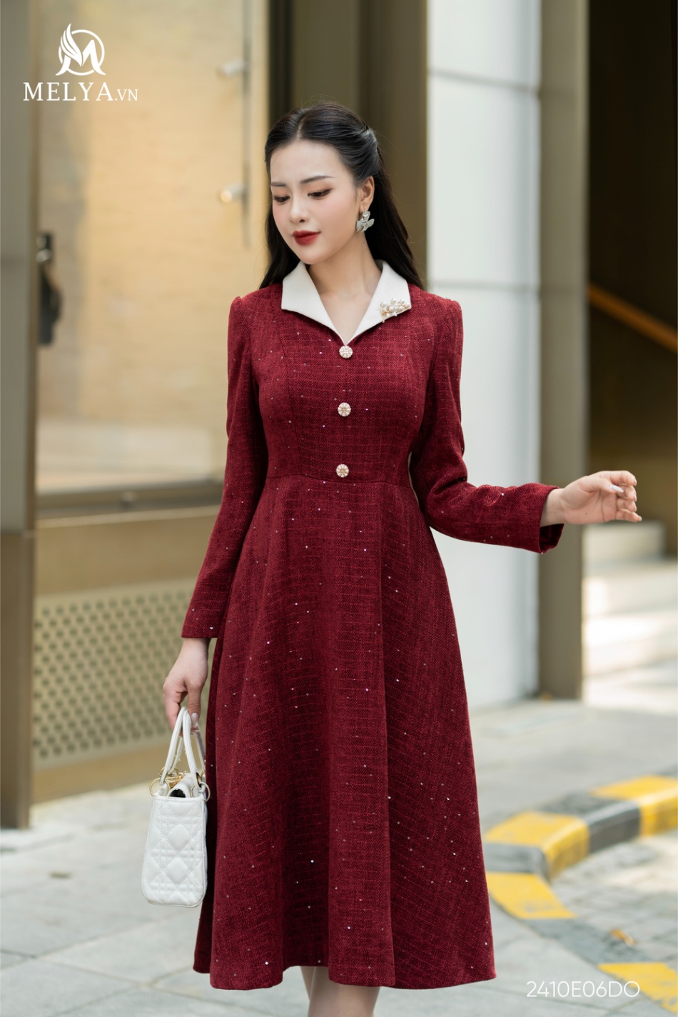 Đầm Xoè - Tweed Dài Tay - Đỏ