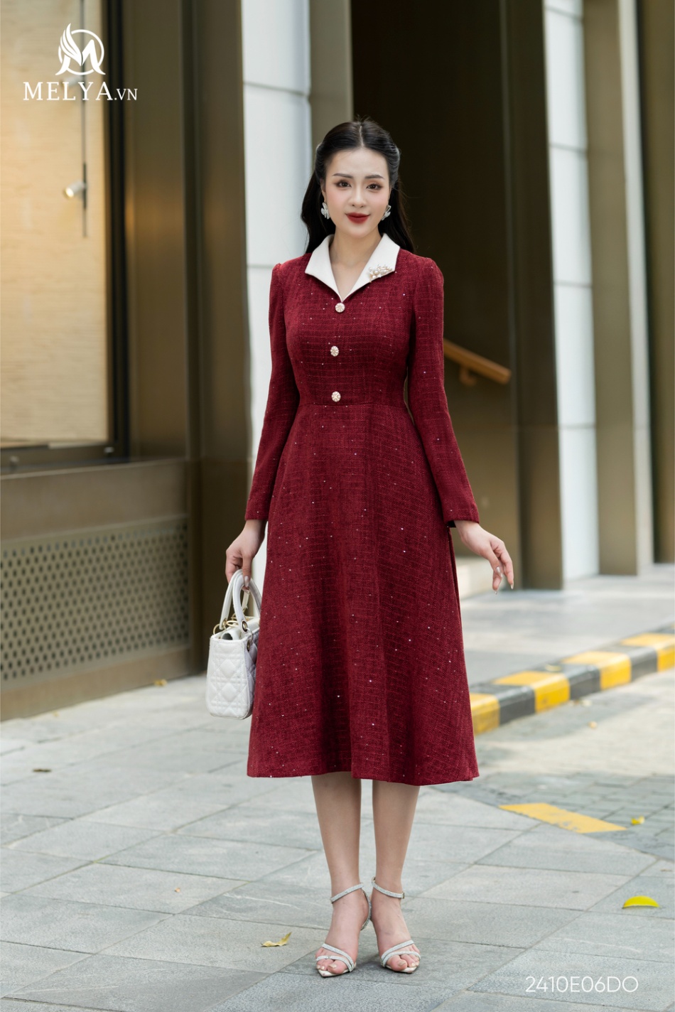 Đầm Xoè - Tweed Dài Tay - Đỏ