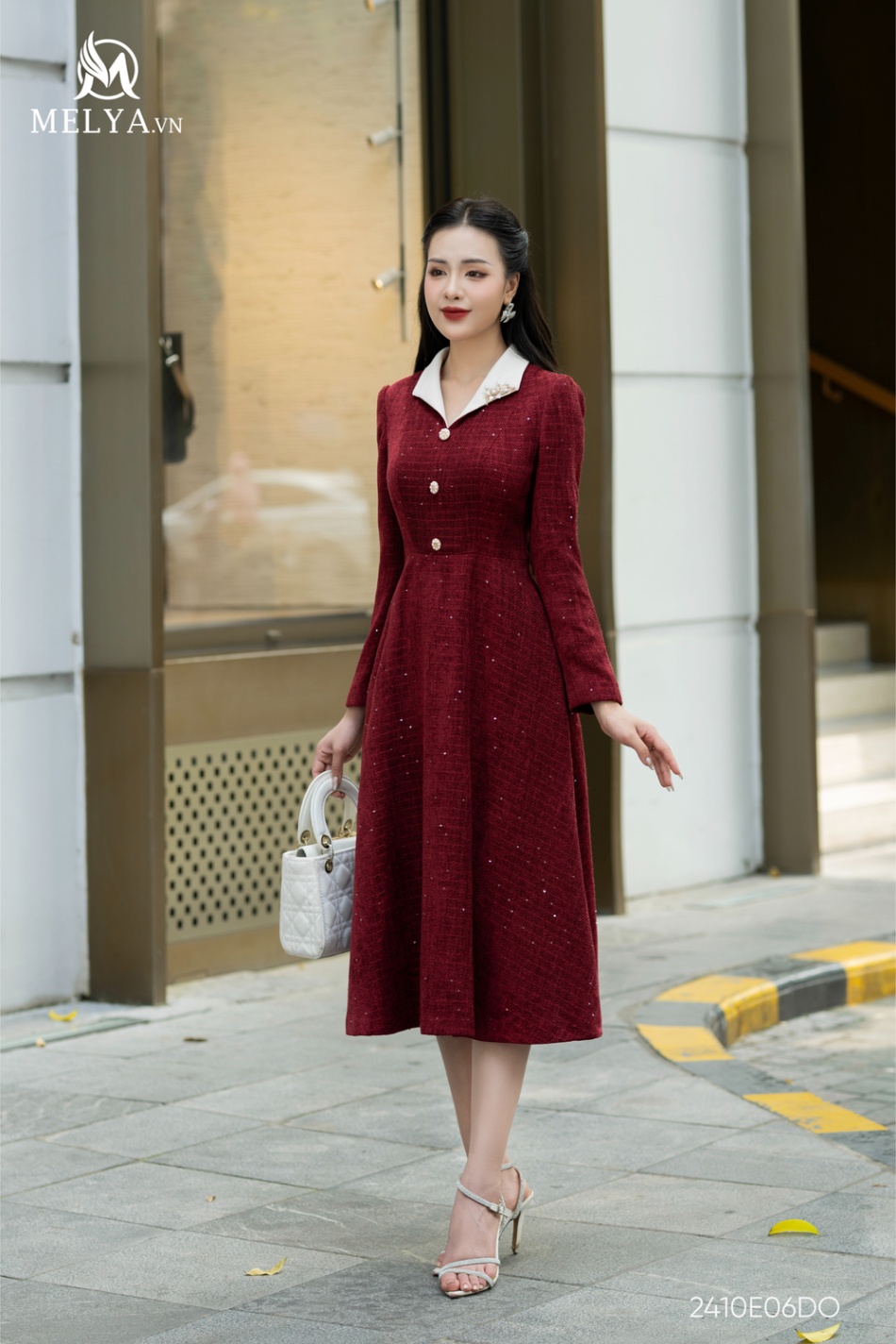 Đầm Xoè - Tweed Dài Tay - Đỏ