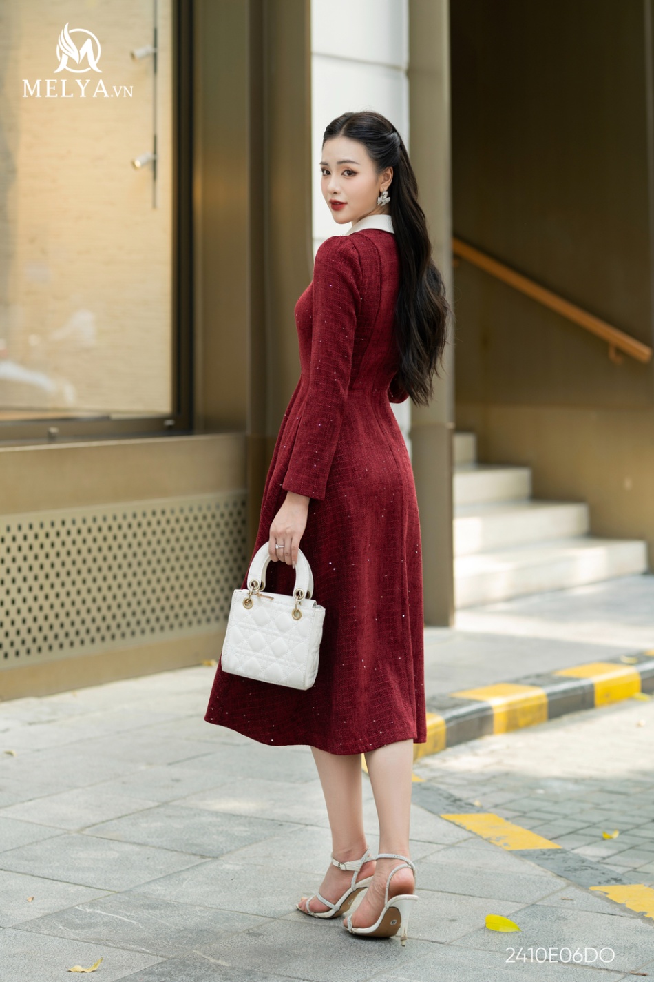 Đầm Xoè - Tweed Dài Tay - Đỏ