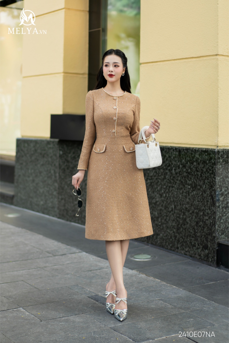 Đầm A - Tweed Kim Sa - Nâu Tây