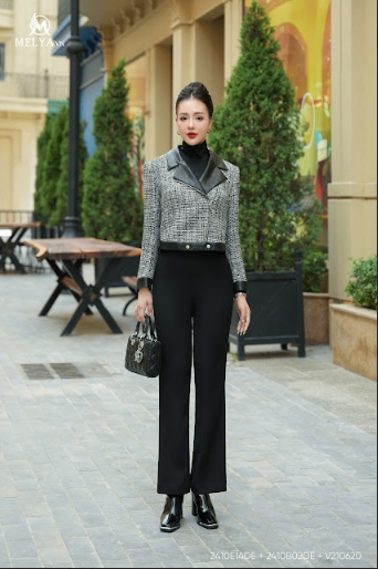 Áo Khoác Lửng - Biker Dạ Tweed Phối Da - Đen