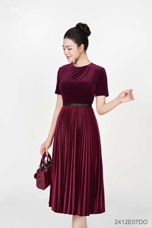 Đầm Xoè - Nhung Rập Ly - Đỏ Rượu Vang