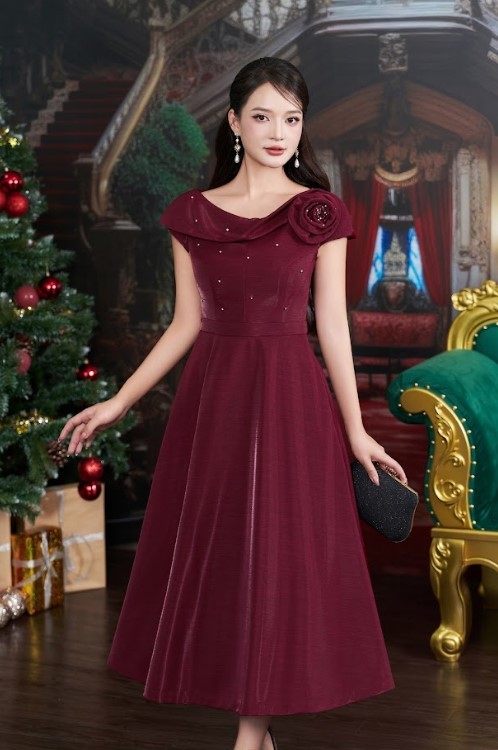 Đầm xoè hoa vai - Blend kim cương- Đỏ rượu vang
