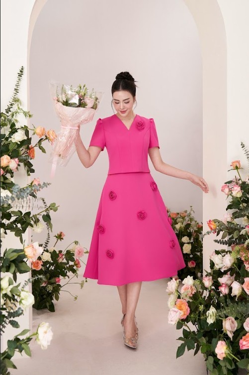 Sét bộ - Áo croptop + chân váy xoè hoa 3D - Hồng sen