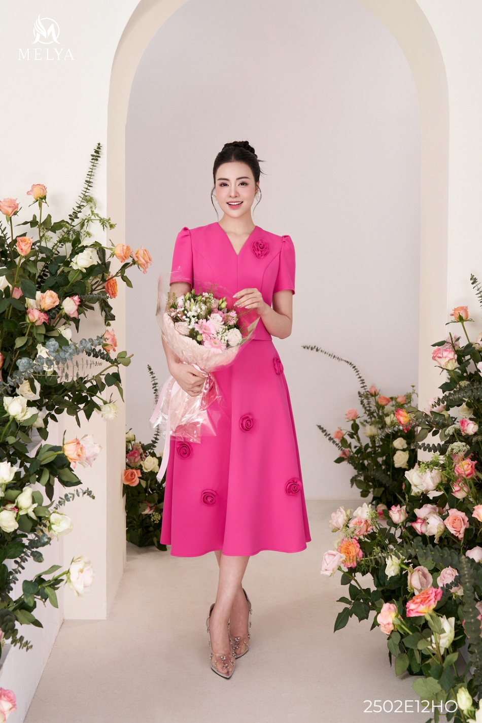 Sét bộ - Áo croptop + chân váy xoè hoa 3D - Hồng sen