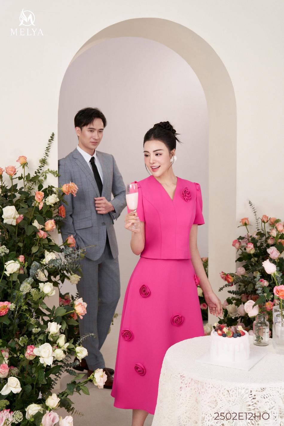 Sét bộ - Áo croptop + chân váy xoè hoa 3D - Hồng sen