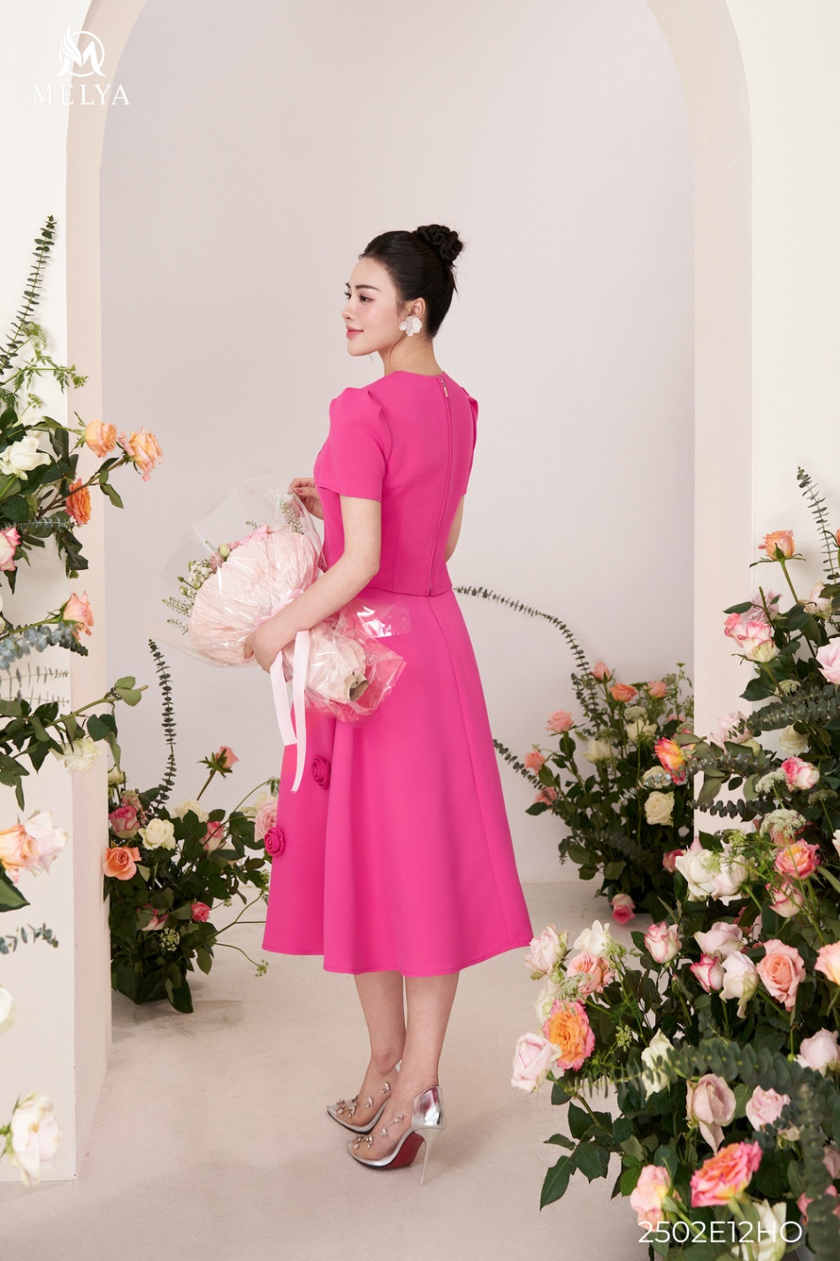 Sét bộ - Áo croptop + chân váy xoè hoa 3D - Hồng sen