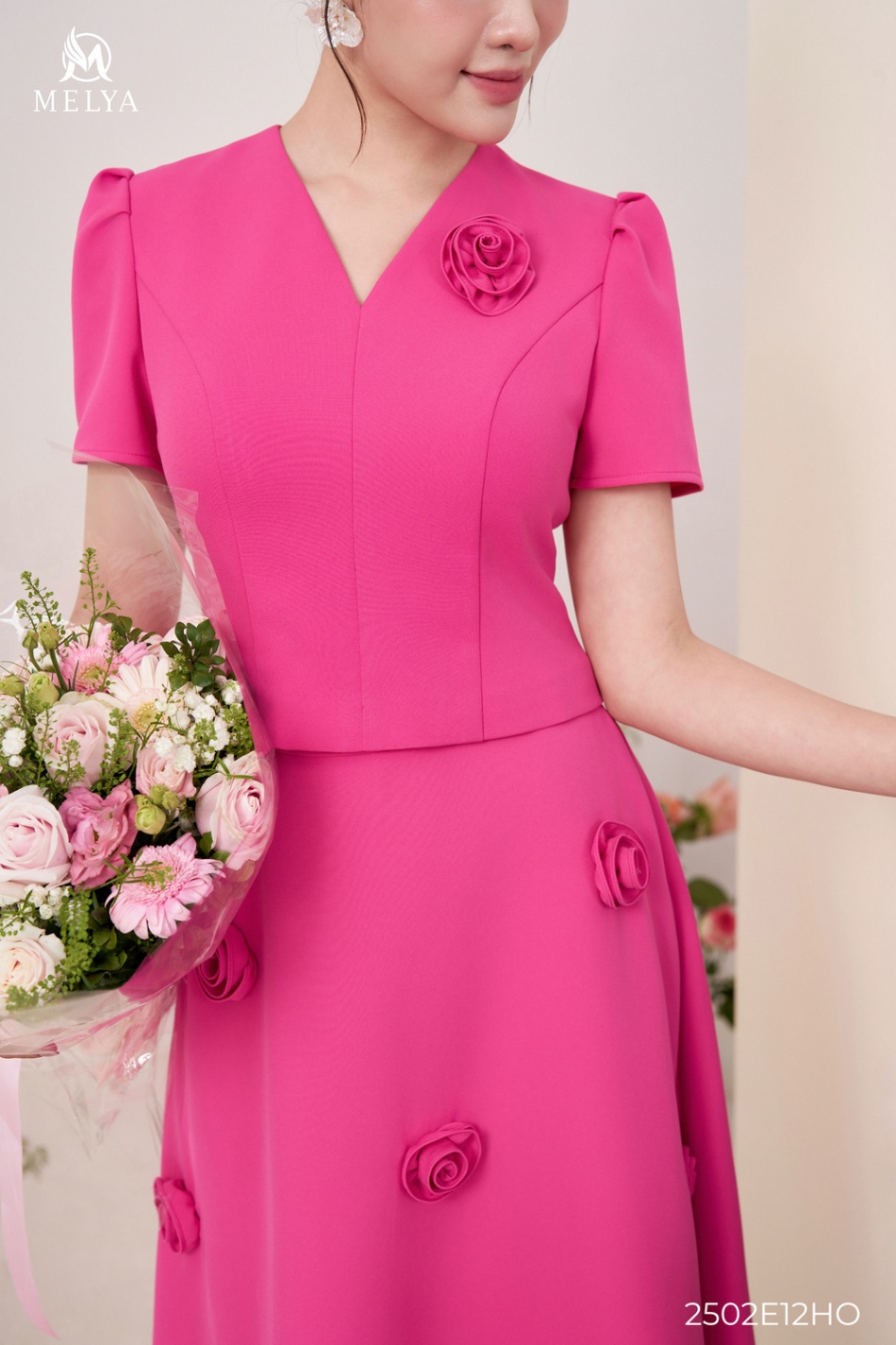Sét bộ - Áo croptop + chân váy xoè hoa 3D - Hồng sen