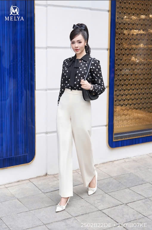 Áo sơ mi - Tơ chấm bi cổ nơ - Đen phối trắng