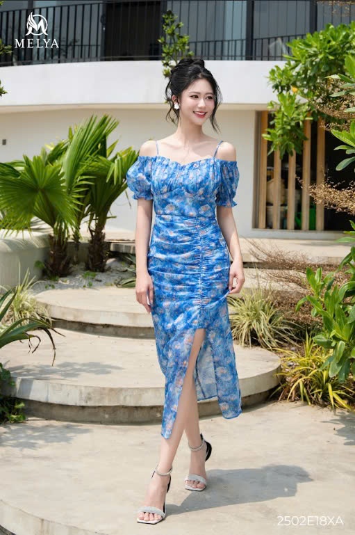 Đầm ôm - Xếp ly ngực họa tiết hoa - Xanh nước biển