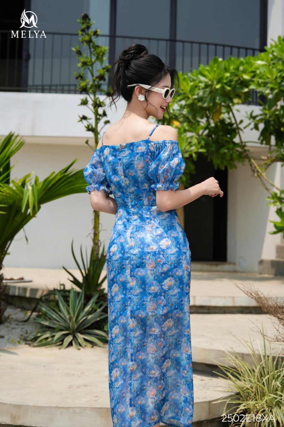 Đầm ôm - Xếp ly ngực họa tiết hoa - Xanh nước biển