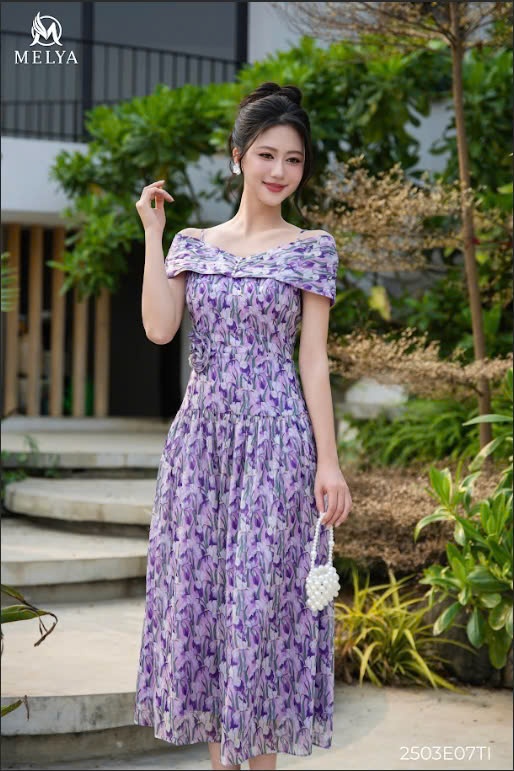 Đầm xòe - Trễ vai đính hoa 3D - Tím