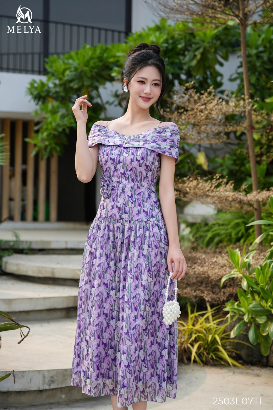 Đầm xòe - Trễ vai đính hoa 3D - Tím
