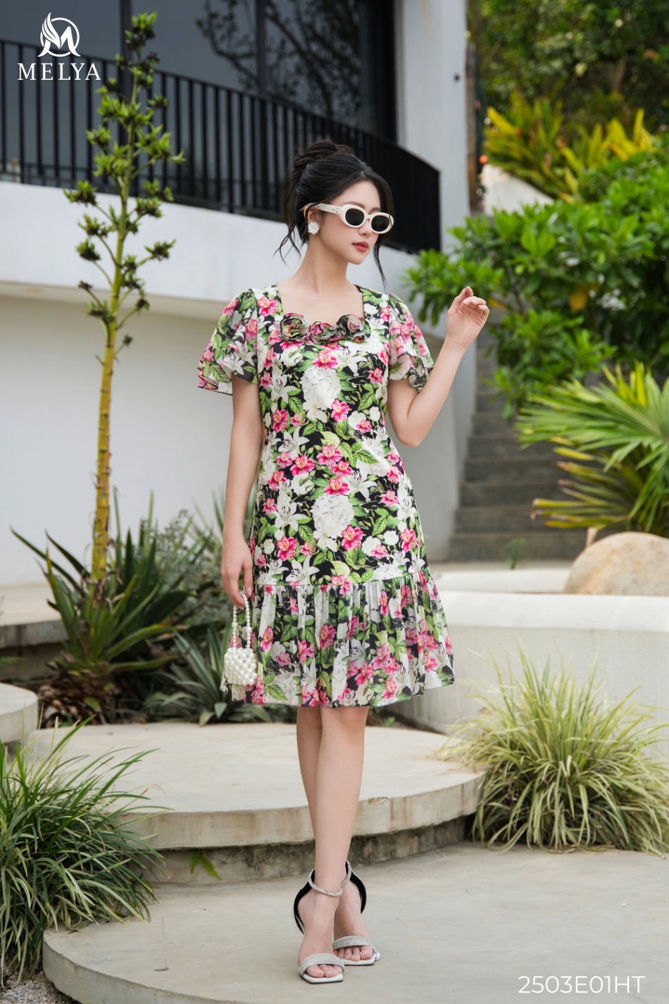 Đầm suông - Tay cánh tiên hoa giấy - Họa tiết