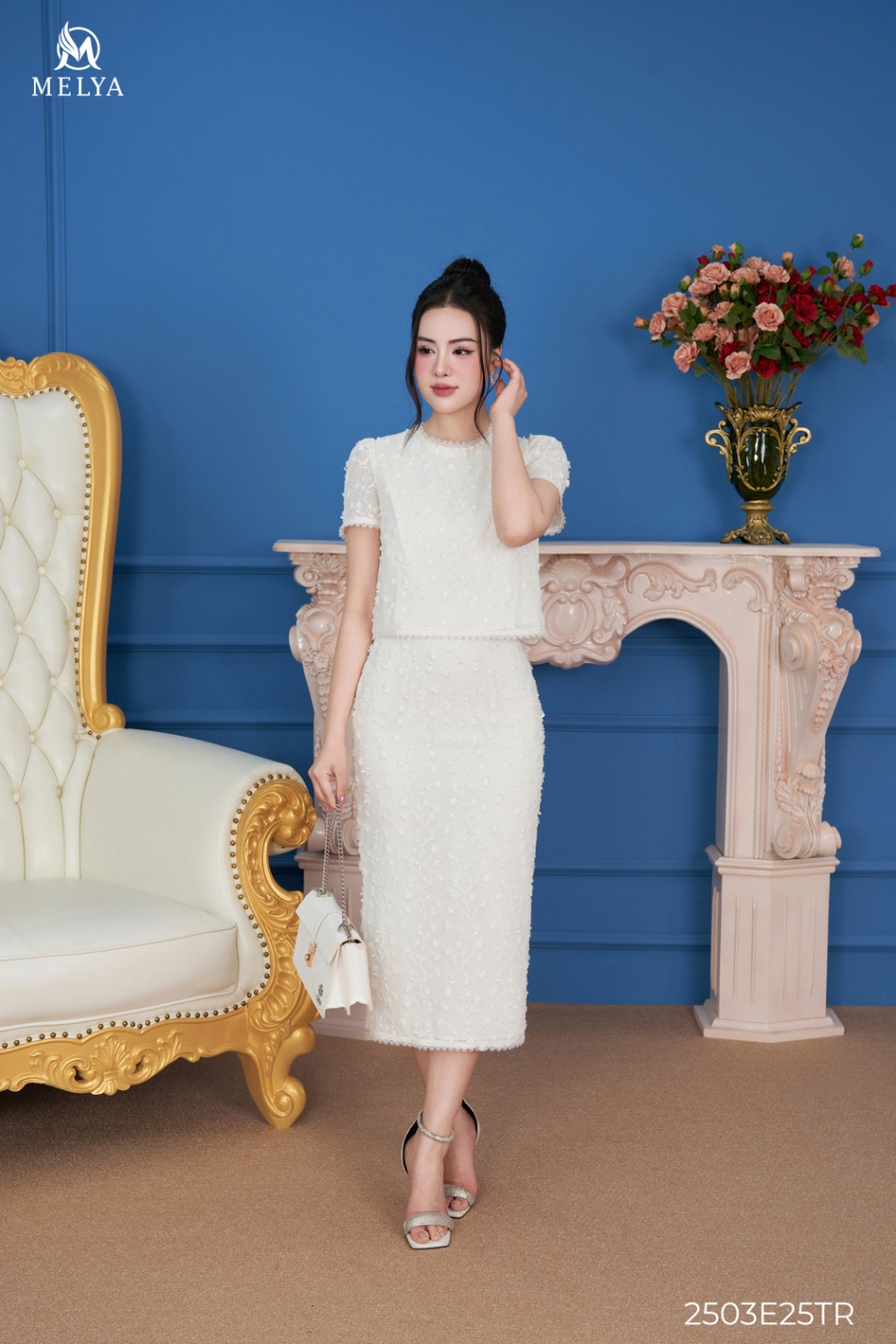 Sét bộ - Ren chân váy bút chì - Trắng kem