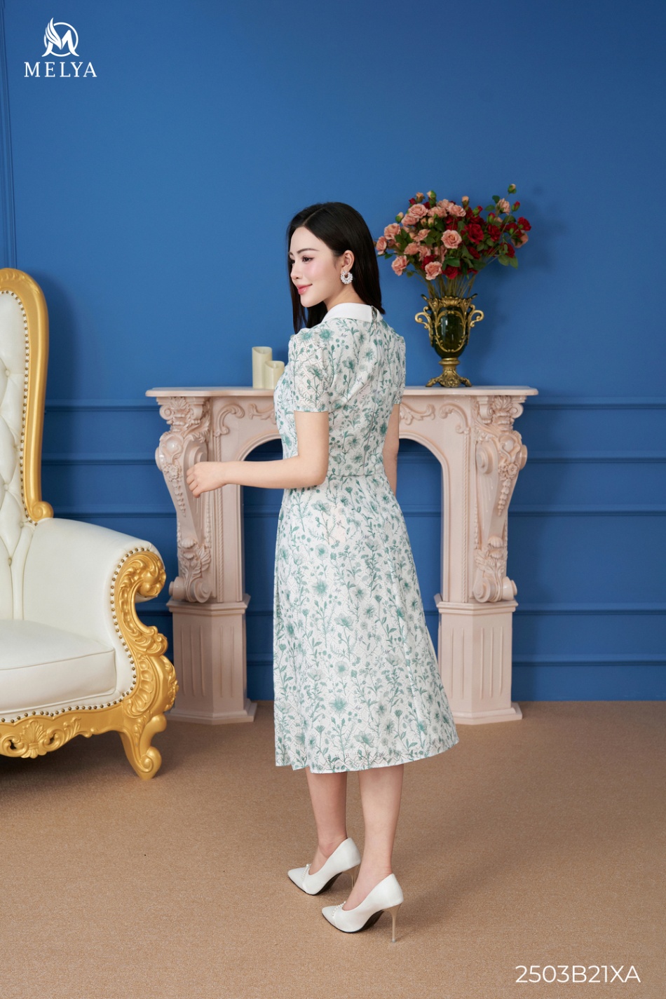 Set bộ - Áo kiểu croptop + chân váy xoè - Xanh lá phối trắng