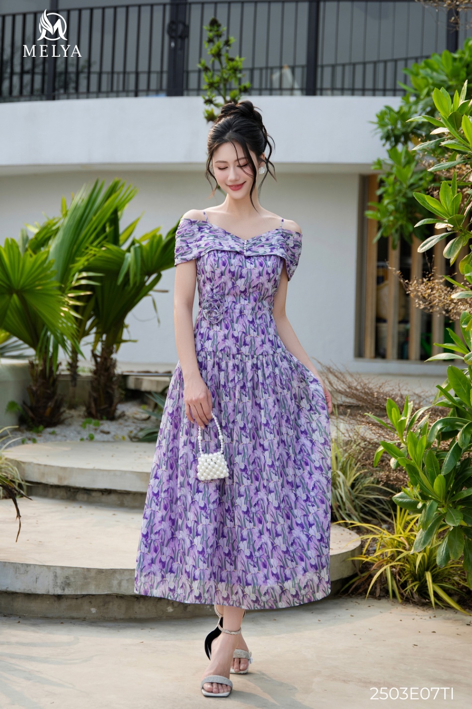 Đầm xòe - Trễ vai đính hoa 3D - Tím