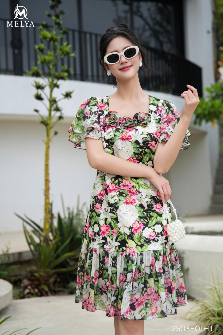 Đầm suông - Tay cánh tiên hoa giấy - Họa tiết
