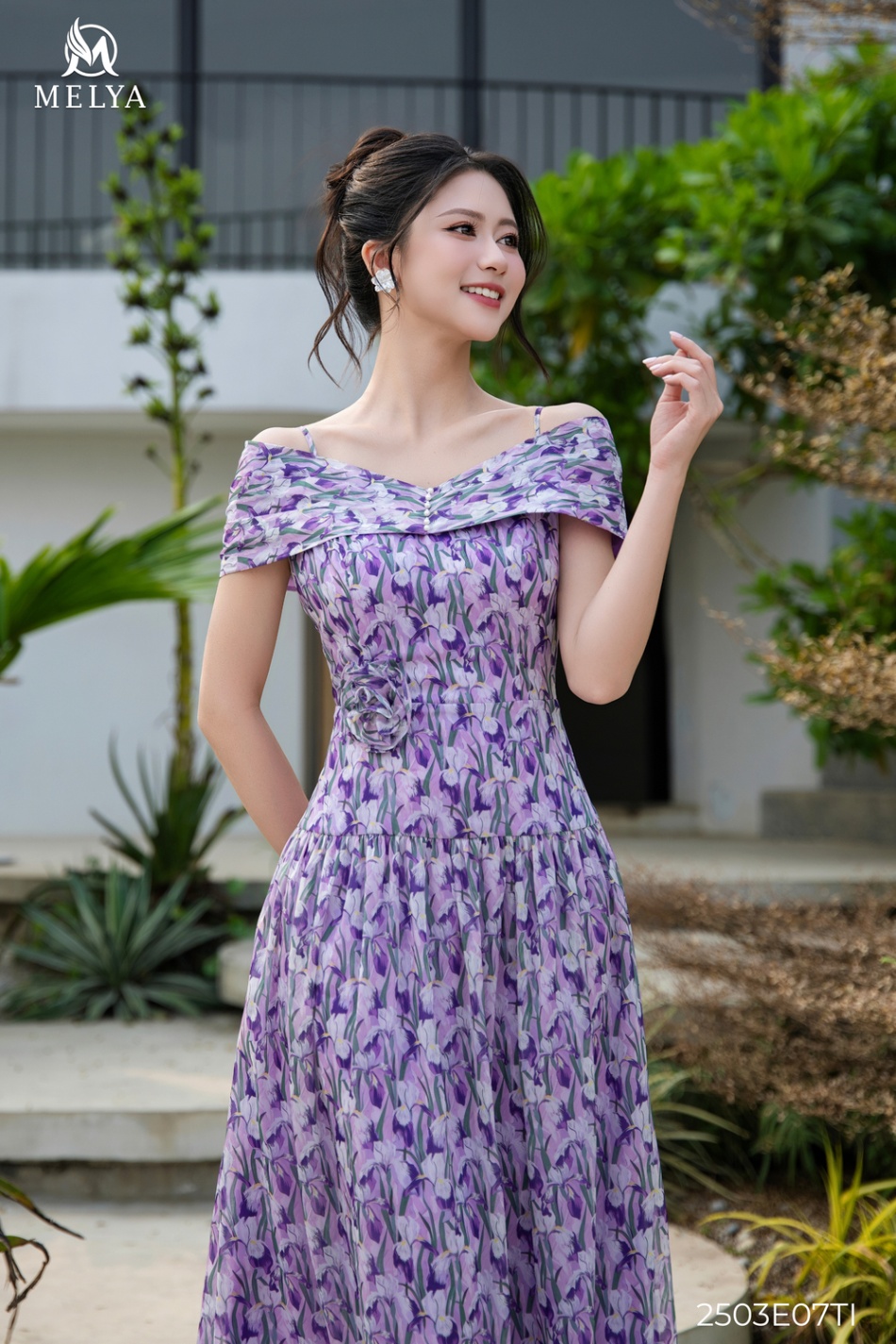 Đầm xòe - Trễ vai đính hoa 3D - Tím