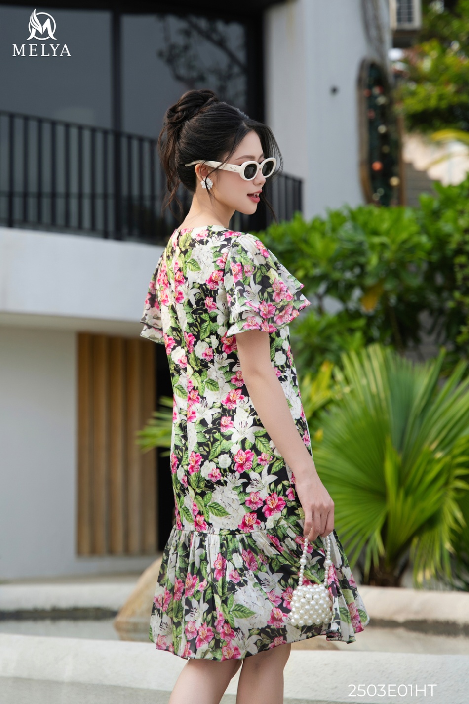 Đầm suông - Tay cánh tiên hoa giấy - Họa tiết