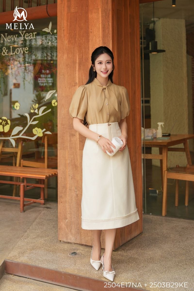 Sơ mi - Cổ nơ tencel - Be