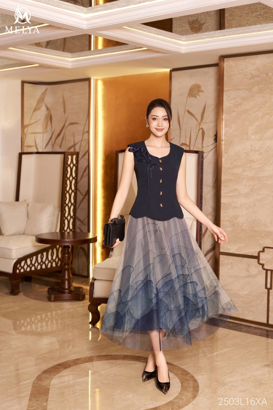 Set bộ - Gile chân lưới sóng - Xanh tím than phối kem