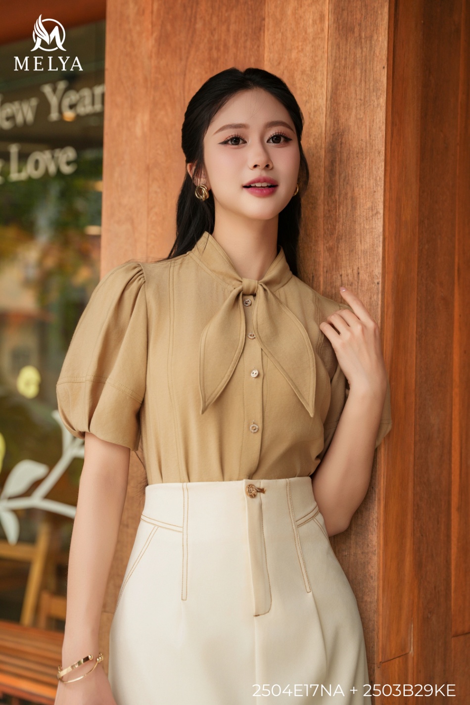 Sơ mi - Cổ nơ tencel - Be