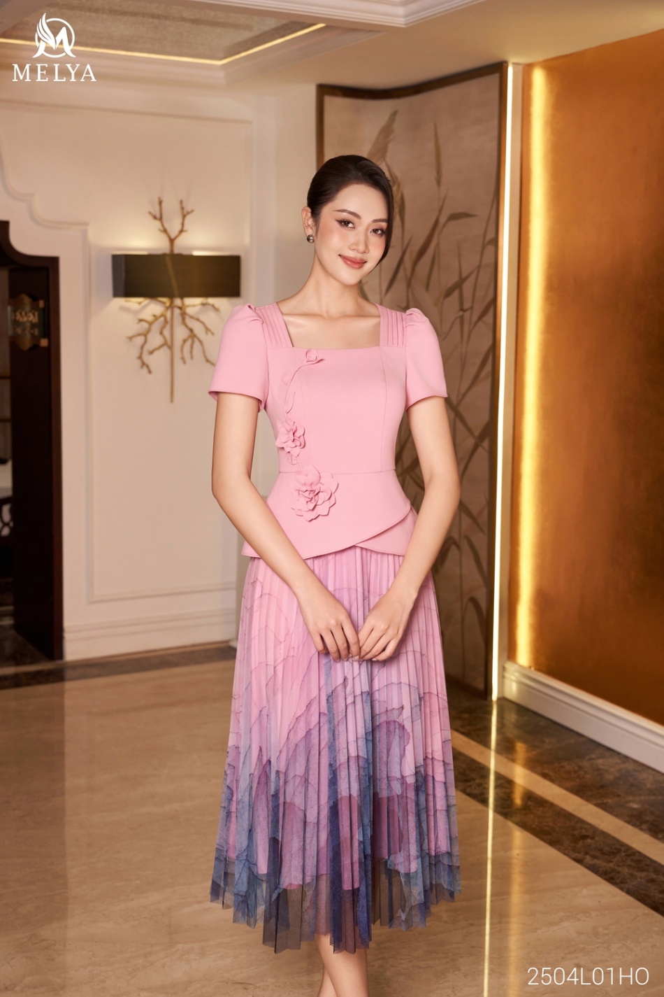 Đầm - Hoa sóng - Hồng pastel
