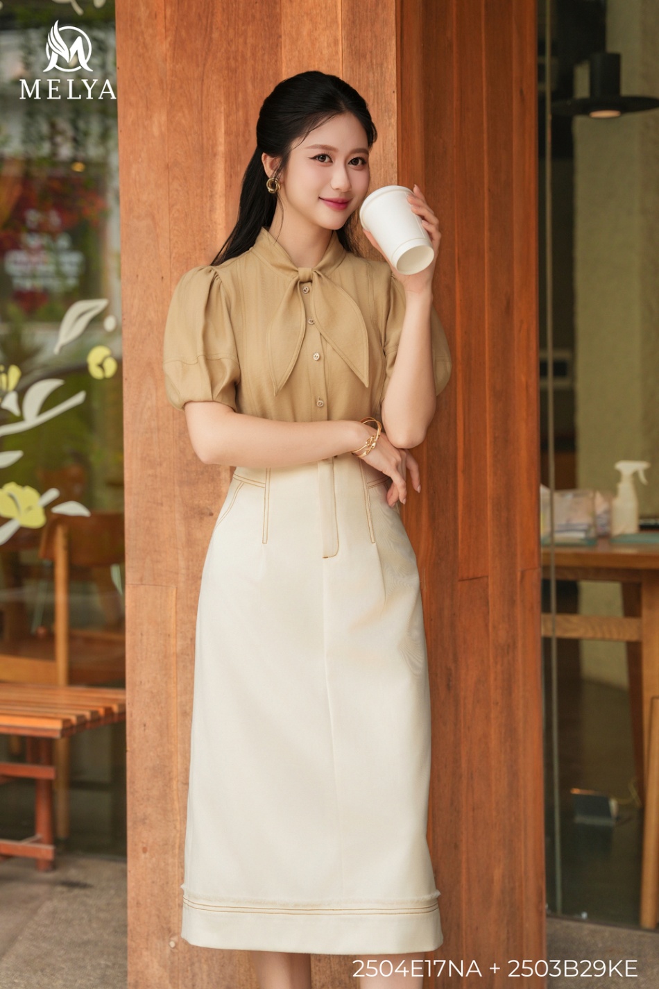Sơ mi - Cổ nơ tencel - Be