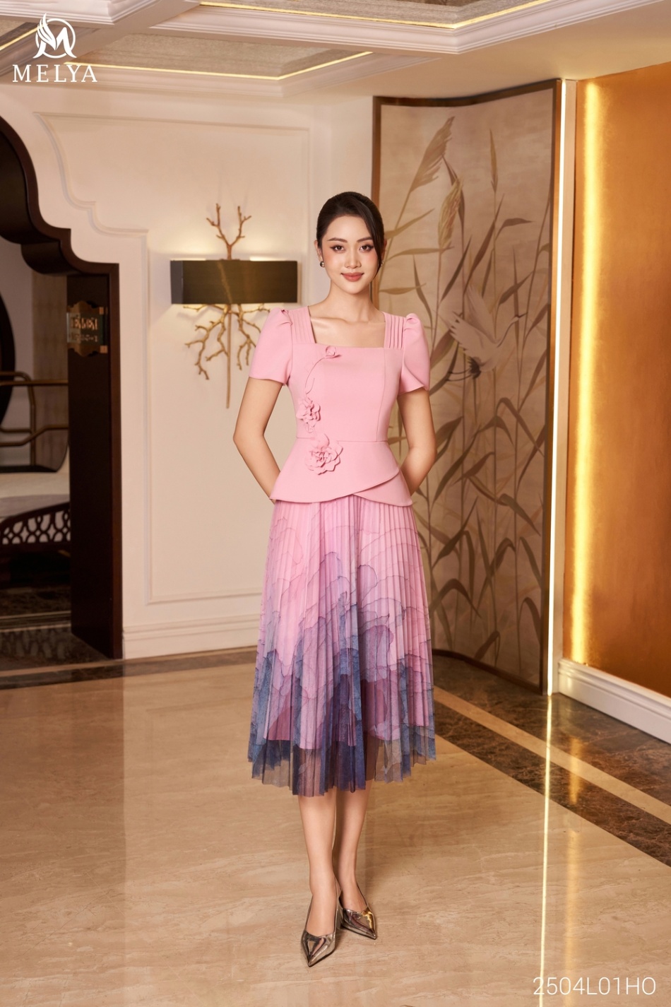 Đầm - Hoa sóng - Hồng pastel