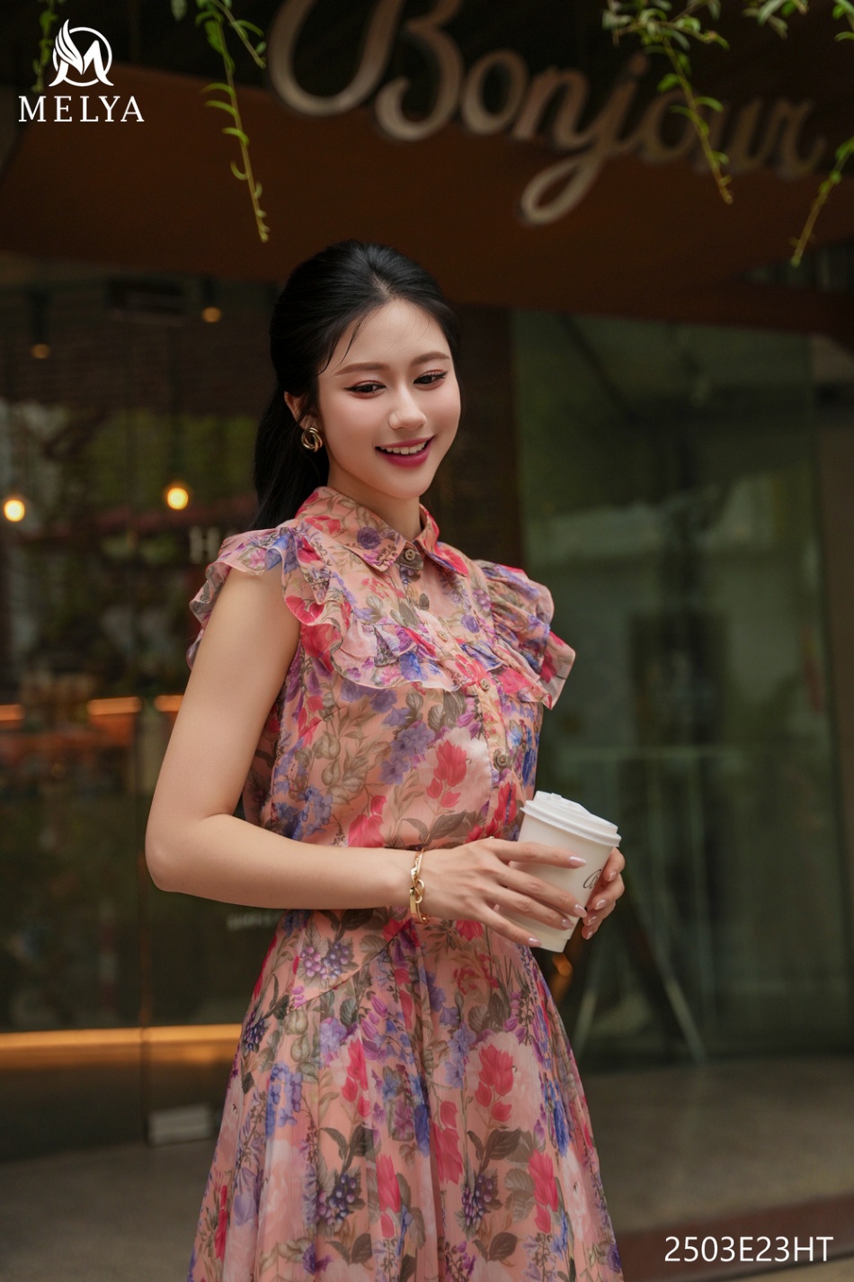 Set bộ - Áo sơ mi cổ đức phối bèo + chân váy xòe - Họa tiết